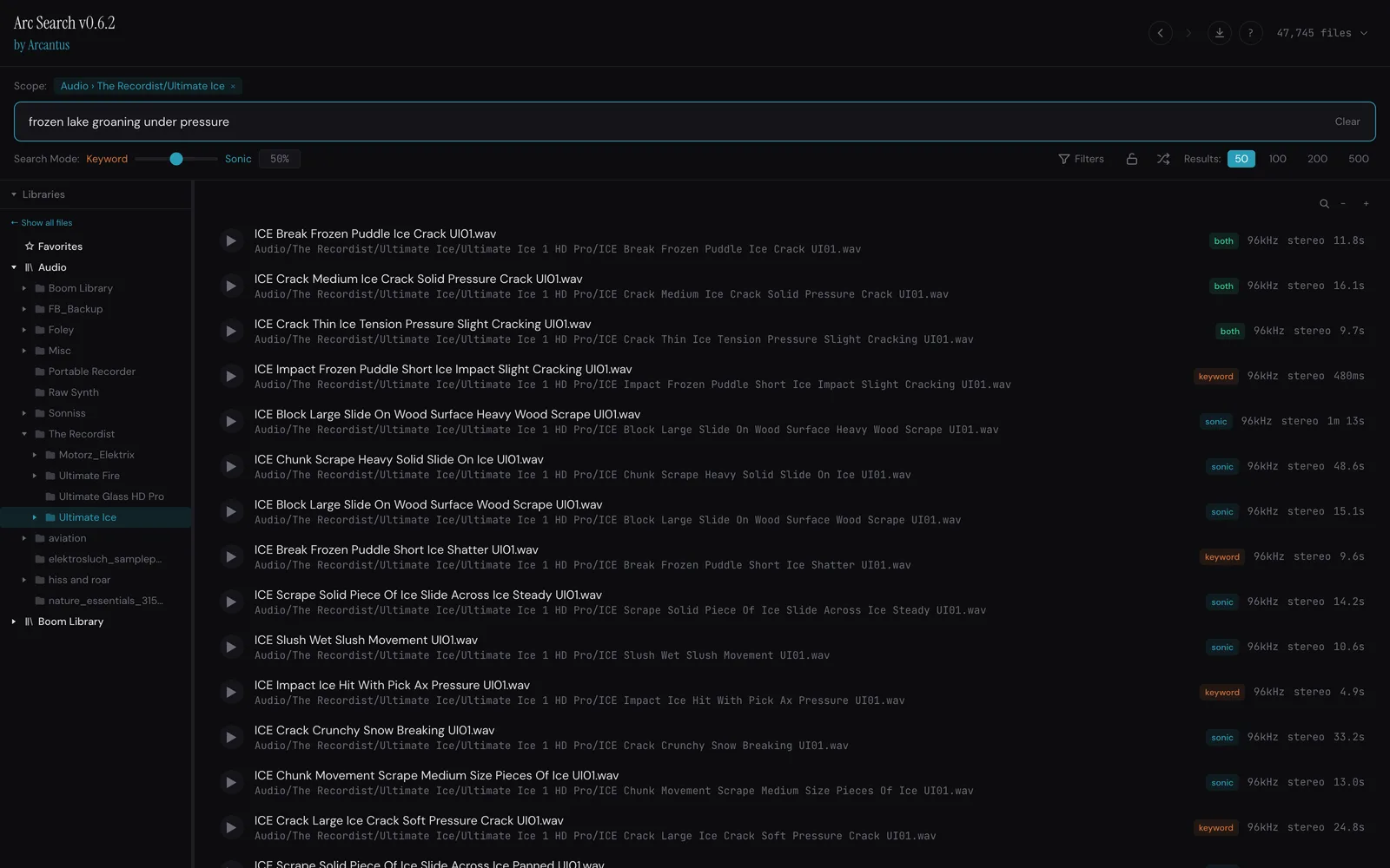 Arc Search scoped to The Recordist/Ultimate Ice folder in the library sidebar, returning results only from that folder for the query frozen lake groaning under pressure