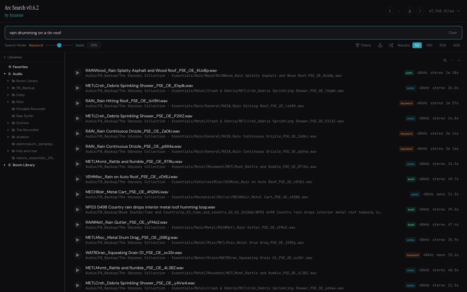 The Arc Search app searching 47,745 files for rain drumming on a tin roof, with ranked results carrying a mix of green both, blue sonic, and orange keyword match badges