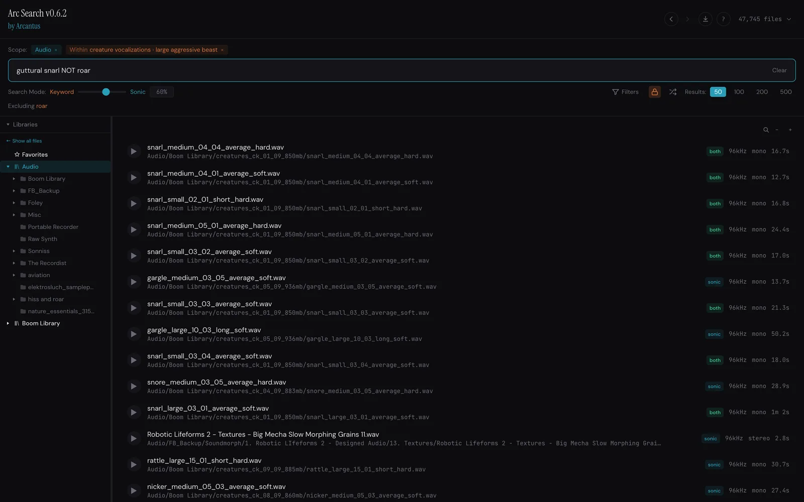 Arc Search locked twice into creature vocalizations then large aggressive beast, running the query guttural snarl NOT roar, with an Excluding roar hint under the search bar and snarl recordings at the top of the results