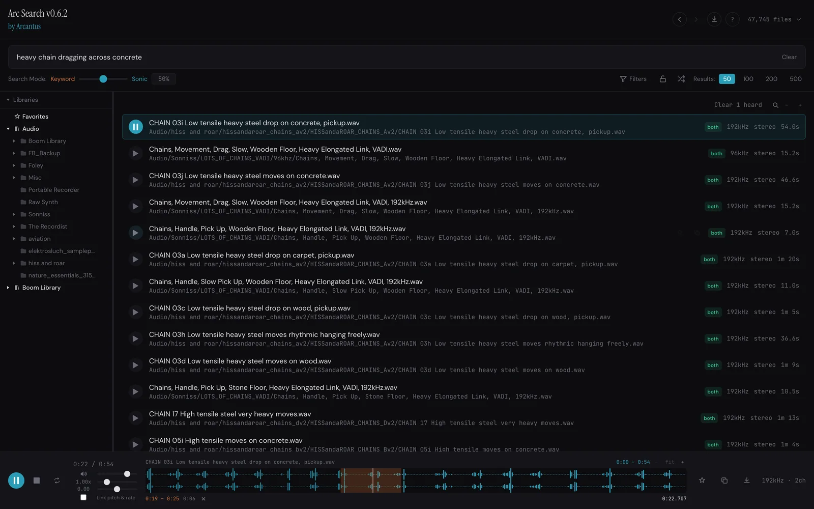 A waveform view in Arc Search with a region selected between 0:19 and 0:25 of a 54-second chain recording and playback transport controls